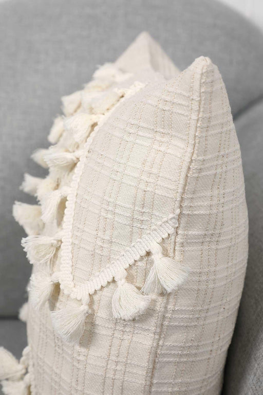 Linen Throw Pillow Cover with Plenty of Handmade Tassels, Nicely-Designed Decorative 18x18 Inches Pillow Cover for Modern Homes,K-200 Ivory