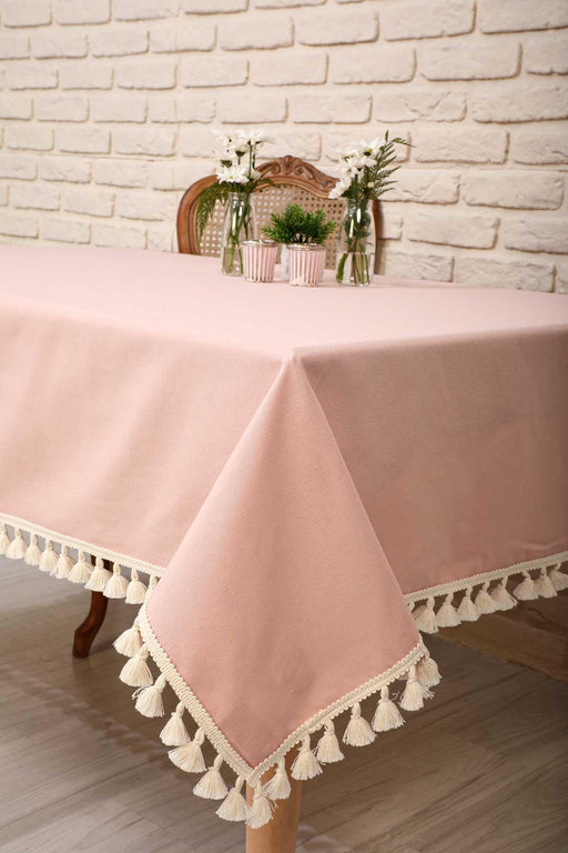 Boho Style Tassel Tablecloth, 59x79 Inches Tasseled Cotton Kitchen Tablecloth adorned with Tassels, Modern Kitchen Table Decoration,M-1K Powder