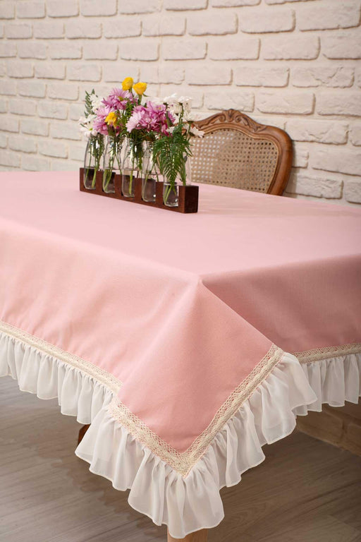 Romantic Ruffle Lace-Trim Tablecloth Cotton Blend Washable Large Tablecloth 63x87 Inches, Ruffle Edged Tablecloth for Dining Table,M-2B Powder