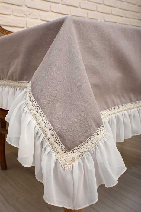 Romantic Ruffle Lace-Trim Tablecloth Cotton Blend Washable Large Tablecloth 63x87 Inches, Ruffle Edged Tablecloth for Dining Table,M-2B Grey