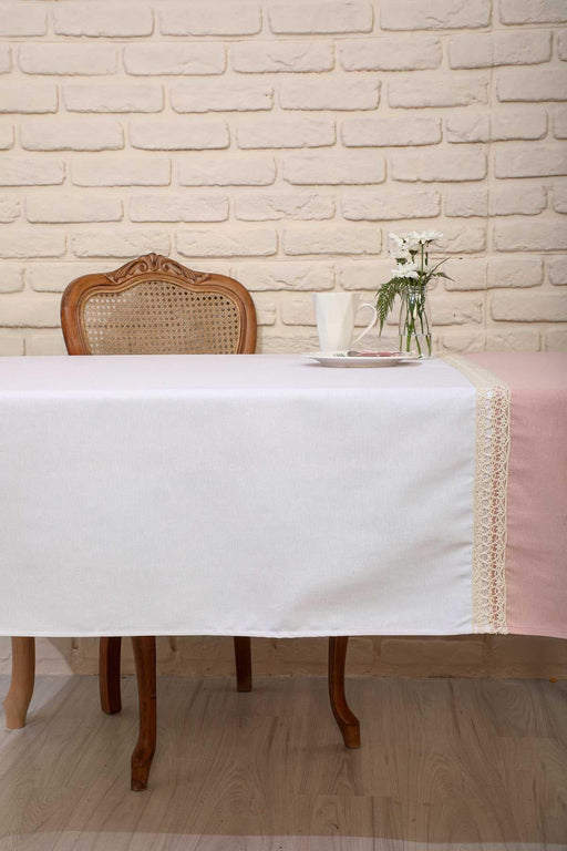 Dual-Tone Rustic Cotton Tablecloth with Lace Trim, Classic Two-Tone Dining Room Tablecloth, Cottagecore Two Colours Large Tablecloth,M-3B Powder-White