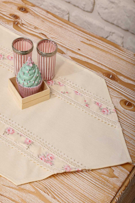 Trimmed Linen Textured Fabric Table Runner with Lace Embroidery Table Cloth for Home Kitchen Decorations Wedding,,R-27O