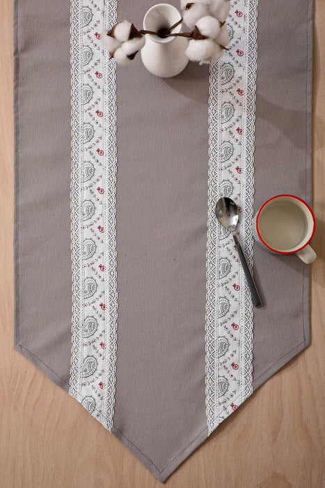 Trimmed Linen Textured Fabric Table Runner with Lace Embroidery Table Cloth for Home Kitchen Decorations Wedding,,R-27O