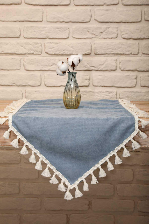 Bohemian Chic Table Runner with Tassels, Large Table Runner for Modern Dining Decors, Minimalist Table Runner with Tassel Trim,R-32B Light Blue