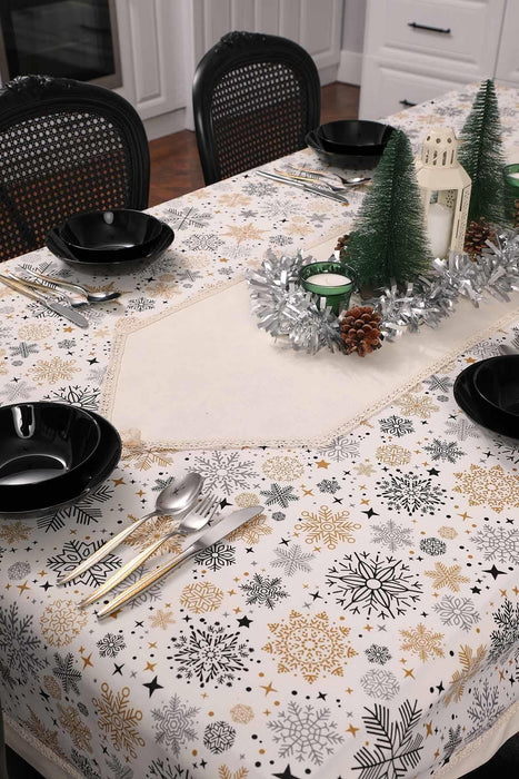 Trimmed Duck Fabric New Year, Christmas Table Runner with Lace Embroidery Machine Washable Table Cloth for Home Kitchen Decorations,R-41K