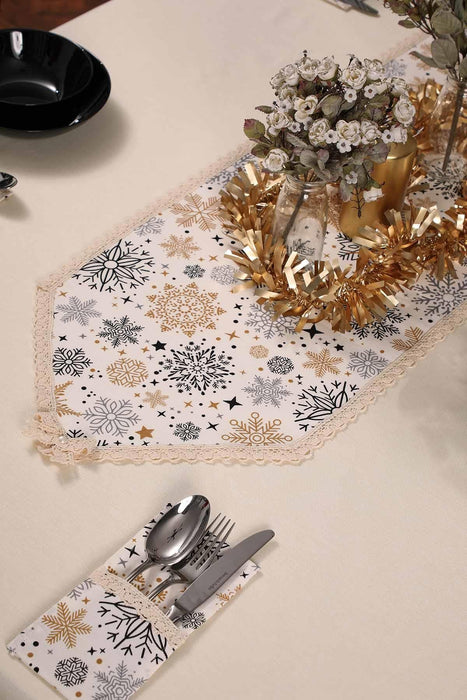 Trimmed Duck Fabric New Year, Christmas Table Runner with Lace Embroidery Machine Washable Table Cloth for Home Kitchen Decorations,R-41K