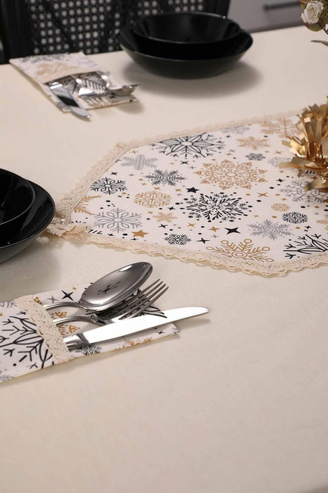 Trimmed Duck Fabric New Year, Christmas Table Runner with Lace Embroidery Machine Washable Table Cloth for Home Kitchen Decorations,R-41K