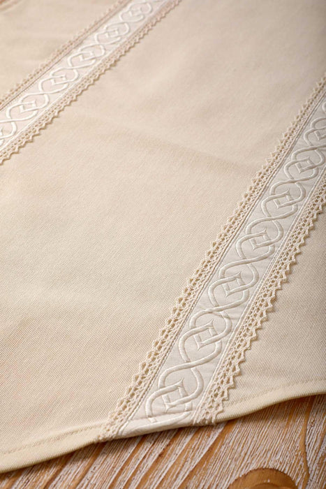 Cotton Blend Beige Table Runner with Vintage Lace Detail, 48x12 Inches Bohemian Natural Table Runner, Lace Table Linen for Home Dining,R-42O