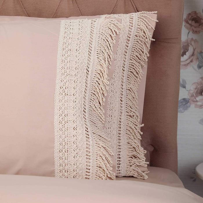 2-Pack Trimmed Pillowcases with Lace and Tassels 50 x 70 cm Plain Pillow Covers Envelope Closure Cotton Fabric, Set of 2,YK-23 Vanilla