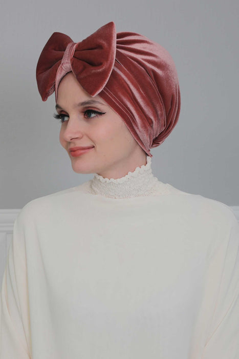 Velvet Bowtie Instant Turban Hijab for Women Lightweight Head Wrap, Luxurious Velour Pre-Tied Instant Turban, Trendy Velvet Chemo Cap,B-11K Dusty Rose