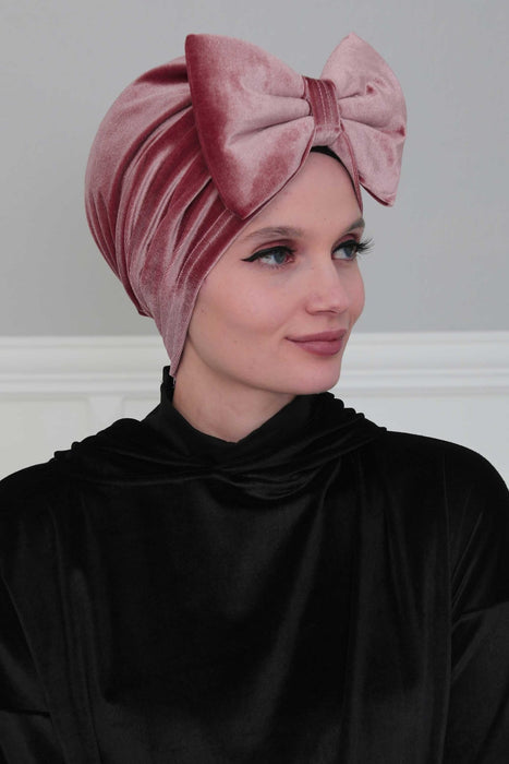 Velvet Bowtie Instant Turban Hijab for Women Lightweight Head Wrap, Luxurious Velour Pre-Tied Instant Turban, Trendy Velvet Chemo Cap,B-11K Dusty Rose