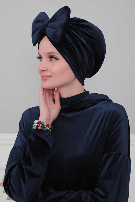 Velvet Bowtie Instant Turban Hijab for Women Lightweight Head Wrap, Luxurious Velour Pre-Tied Instant Turban, Trendy Velvet Chemo Cap,B-11K Navy Blue