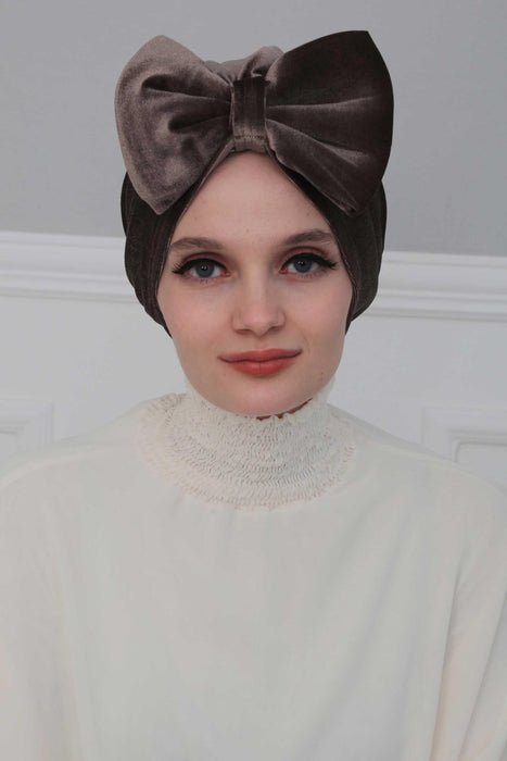 Velvet Bowtie Instant Turban Hijab for Women Lightweight Head Wrap, Luxurious Velour Pre-Tied Instant Turban, Trendy Velvet Chemo Cap,B-11K Mink