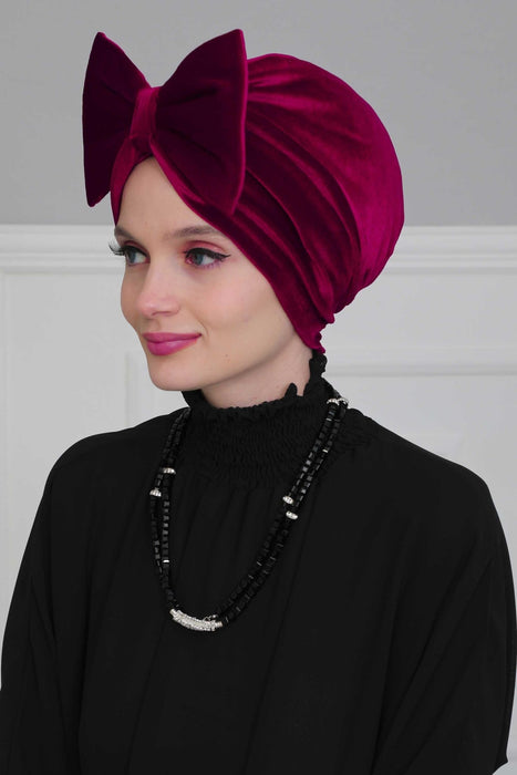 Velvet Bowtie Instant Turban Hijab for Women Lightweight Head Wrap, Luxurious Velour Pre-Tied Instant Turban, Trendy Velvet Chemo Cap,B-11K Maroon