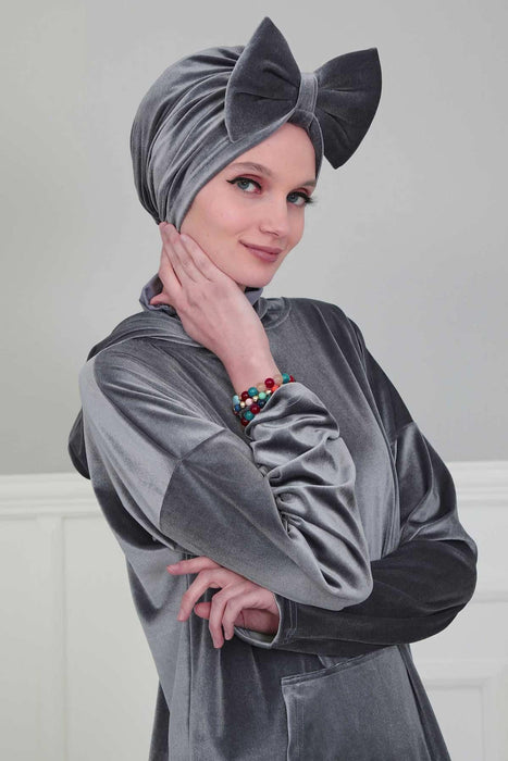 Velvet Bowtie Instant Turban Hijab for Women Lightweight Head Wrap, Luxurious Velour Pre-Tied Instant Turban, Trendy Velvet Chemo Cap,B-11K Grey