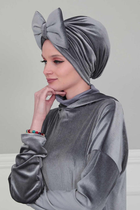 Velvet Bowtie Instant Turban Hijab for Women Lightweight Head Wrap, Luxurious Velour Pre-Tied Instant Turban, Trendy Velvet Chemo Cap,B-11K Grey