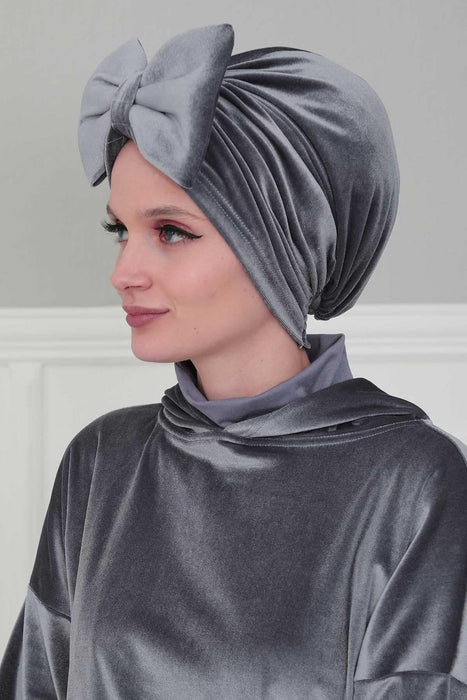 Velvet Bowtie Instant Turban Hijab for Women Lightweight Head Wrap, Luxurious Velour Pre-Tied Instant Turban, Trendy Velvet Chemo Cap,B-11K Grey