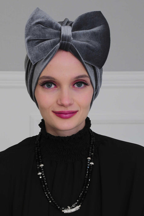 Velvet Bowtie Instant Turban Hijab for Women Lightweight Head Wrap, Luxurious Velour Pre-Tied Instant Turban, Trendy Velvet Chemo Cap,B-11K Grey