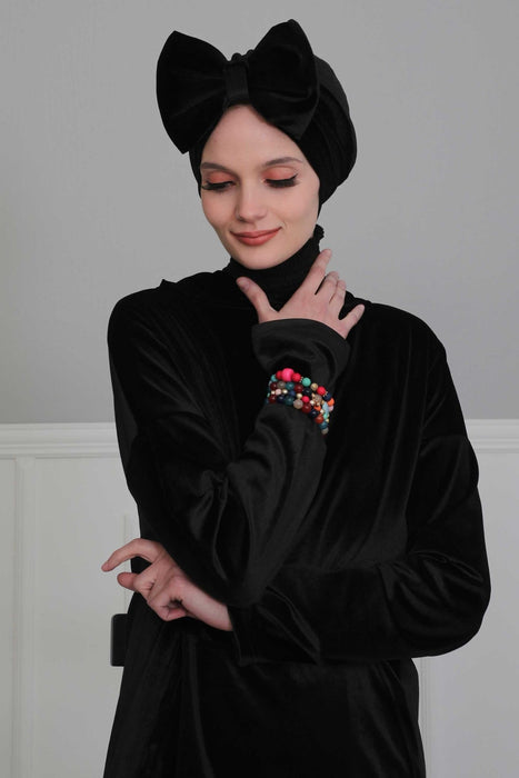 Velvet Bowtie Instant Turban Hijab for Women Lightweight Head Wrap, Luxurious Velour Pre-Tied Instant Turban, Trendy Velvet Chemo Cap,B-11K Black