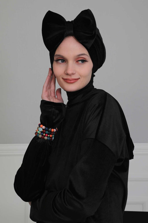 Velvet Bowtie Instant Turban Hijab for Women Lightweight Head Wrap, Luxurious Velour Pre-Tied Instant Turban, Trendy Velvet Chemo Cap,B-11K Black