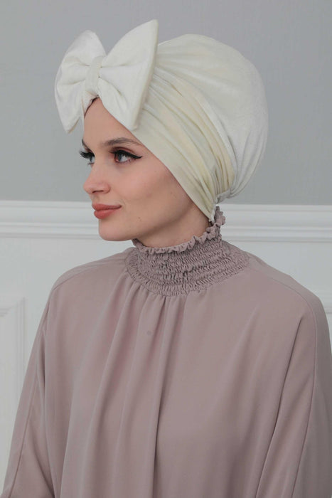 Velvet Bowtie Instant Turban Hijab for Women Lightweight Head Wrap, Luxurious Velour Pre-Tied Instant Turban, Trendy Velvet Chemo Cap,B-11K Ivory