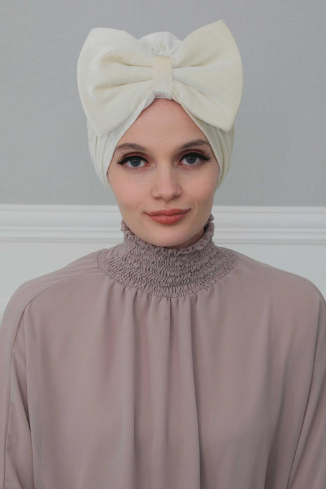 Velvet Bowtie Instant Turban Hijab for Women Lightweight Head Wrap, Luxurious Velour Pre-Tied Instant Turban, Trendy Velvet Chemo Cap,B-11K Ivory