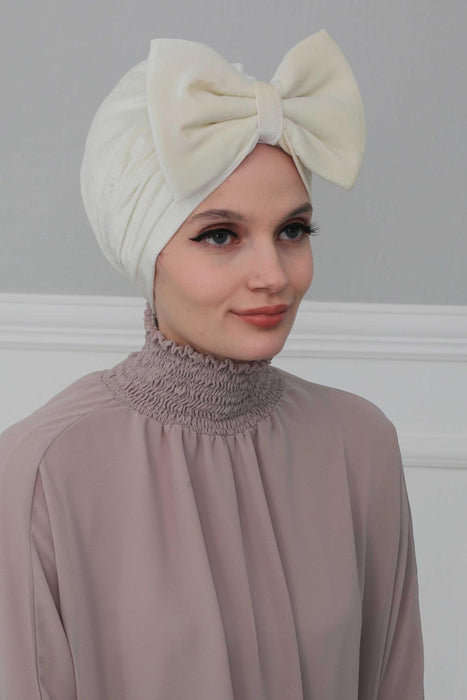 Velvet Bowtie Instant Turban Hijab for Women Lightweight Head Wrap, Luxurious Velour Pre-Tied Instant Turban, Trendy Velvet Chemo Cap,B-11K Ivory