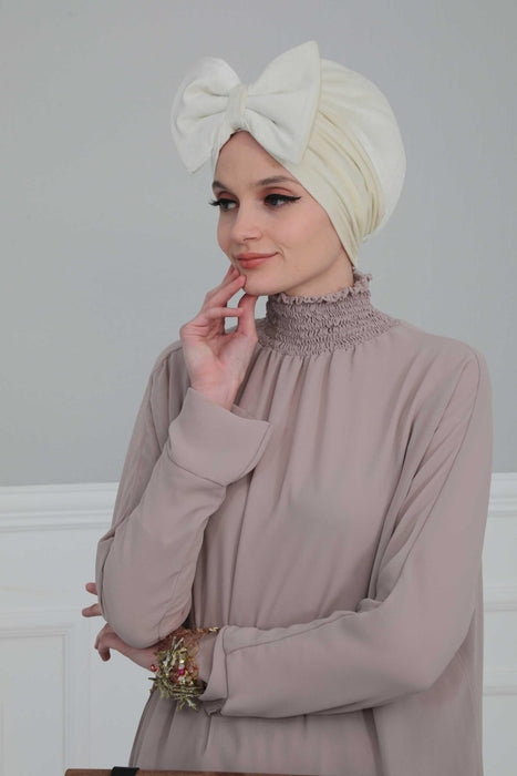 Velvet Bowtie Instant Turban Hijab for Women Lightweight Head Wrap, Luxurious Velour Pre-Tied Instant Turban, Trendy Velvet Chemo Cap,B-11K Ivory