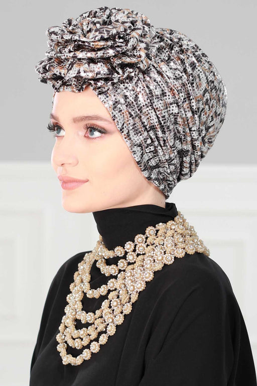 Sequined Rose Detail Instant Turban Hijab for Women, Glittering Fabric Pre-Tied Head Wrap Hijab, Fashionable Chemo & Alopecia Headwear,B-21K Silvery Grey-Brown