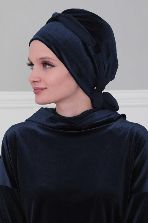 Velvet Instant Turban with a Chiffon Belt, High Quality Scarf Head Wrap Headwear Cap with Chiffon Headband For Women, Trendy Head Wrap,B-24K Navy Blue