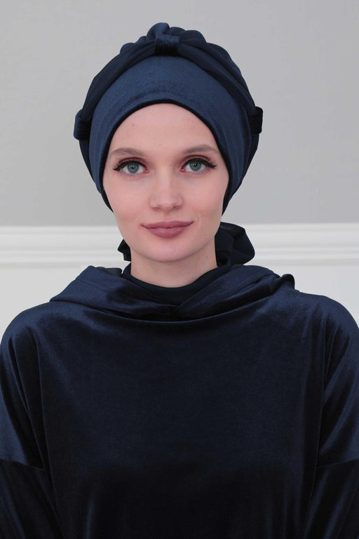 Velvet Instant Turban with a Chiffon Belt, High Quality Scarf Head Wrap Headwear Cap with Chiffon Headband For Women, Trendy Head Wrap,B-24K Navy Blue