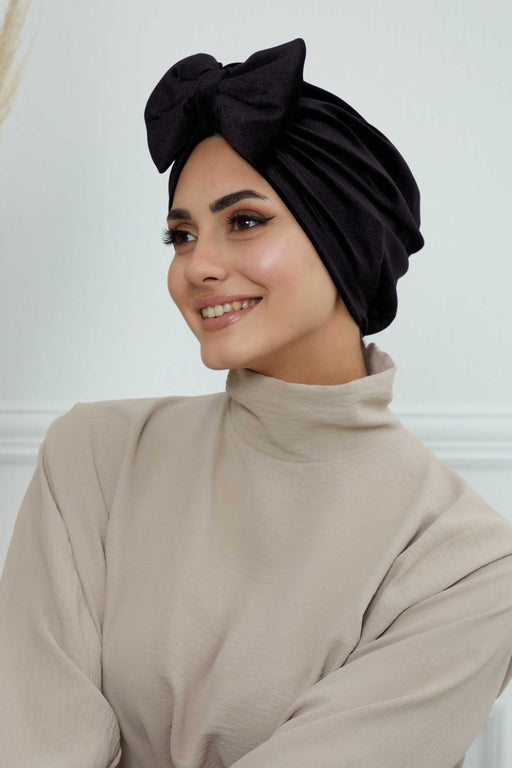 Instant Turban Velvet Scarf Head Wrap with Removable Bowtie Headwear Cap Bonnet For Women Fashion,B-27K Black