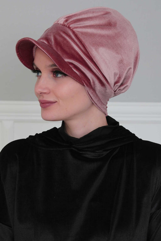 Super Soft Velvet Newsboy Visor Cap for Women, Elegant Comfortable Plain Turban Visor Cap for Daily Use, Chic Velvet Chemo Headwear,B-30K Dusty Rose