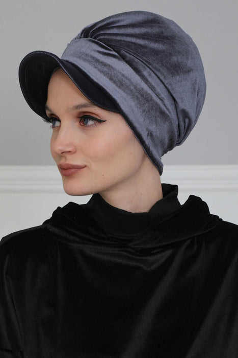 Super Soft Velvet Newsboy Visor Cap for Women, Elegant Comfortable Plain Turban Visor Cap for Daily Use, Chic Velvet Chemo Headwear,B-30K Anthracite