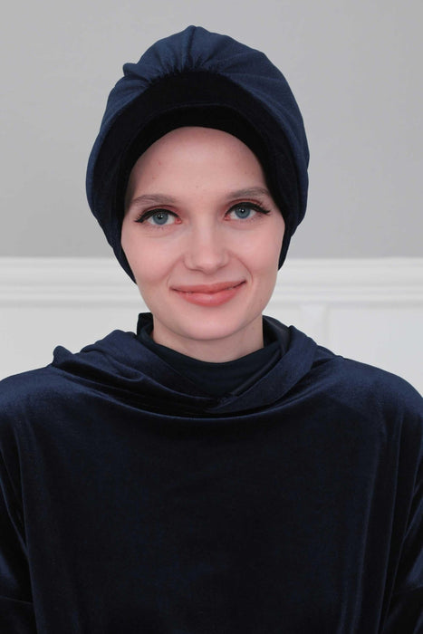 Super Soft Velvet Newsboy Visor Cap for Women, Elegant Comfortable Plain Turban Visor Cap for Daily Use, Chic Velvet Chemo Headwear,B-30K Navy Blue