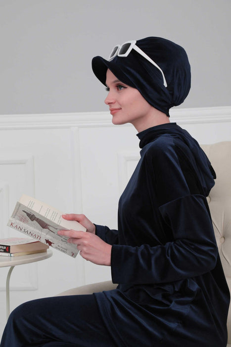 Super Soft Velvet Newsboy Visor Cap for Women, Elegant Comfortable Plain Turban Visor Cap for Daily Use, Chic Velvet Chemo Headwear,B-30K Navy Blue