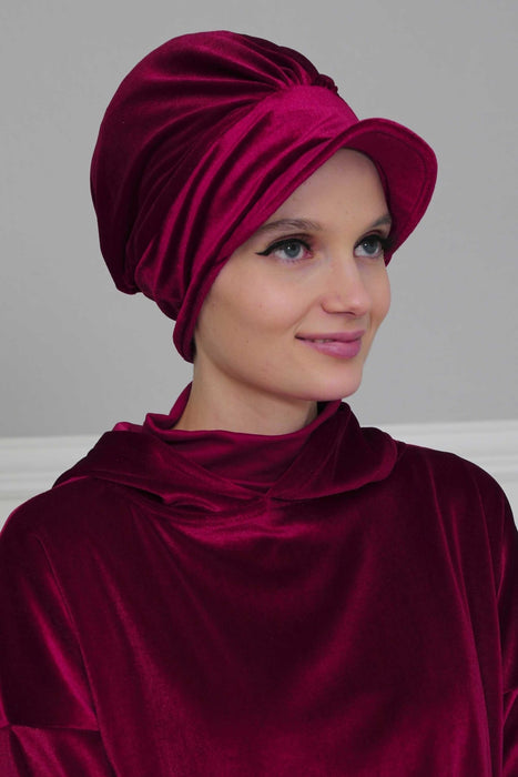 Super Soft Velvet Newsboy Visor Cap for Women, Elegant Comfortable Plain Turban Visor Cap for Daily Use, Chic Velvet Chemo Headwear,B-30K Maroon