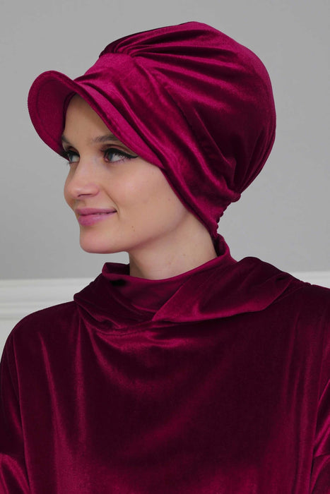 Super Soft Velvet Newsboy Visor Cap for Women, Elegant Comfortable Plain Turban Visor Cap for Daily Use, Chic Velvet Chemo Headwear,B-30K Maroon