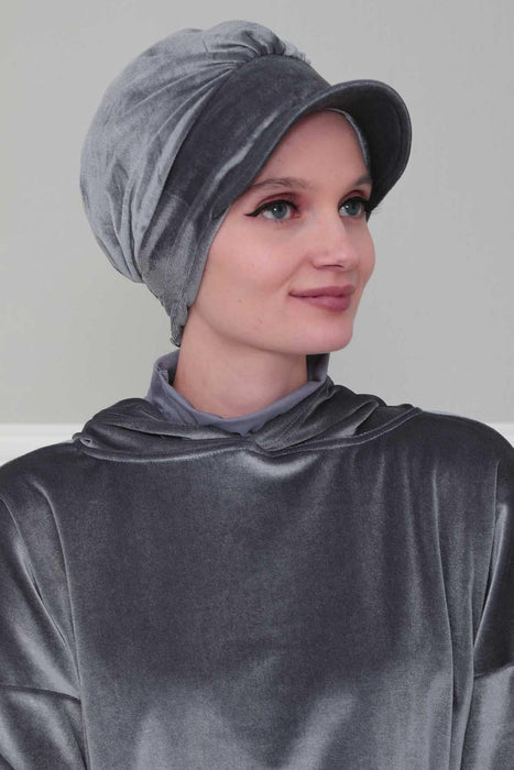 Super Soft Velvet Newsboy Visor Cap for Women, Elegant Comfortable Plain Turban Visor Cap for Daily Use, Chic Velvet Chemo Headwear,B-30K Grey