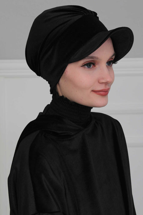 Super Soft Velvet Newsboy Visor Cap for Women, Elegant Comfortable Plain Turban Visor Cap for Daily Use, Chic Velvet Chemo Headwear,B-30K Black