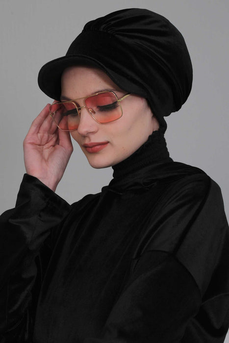 Super Soft Velvet Newsboy Visor Cap for Women, Elegant Comfortable Plain Turban Visor Cap for Daily Use, Chic Velvet Chemo Headwear,B-30K Black