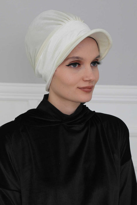 Super Soft Velvet Newsboy Visor Cap for Women, Elegant Comfortable Plain Turban Visor Cap for Daily Use, Chic Velvet Chemo Headwear,B-30K Ivory