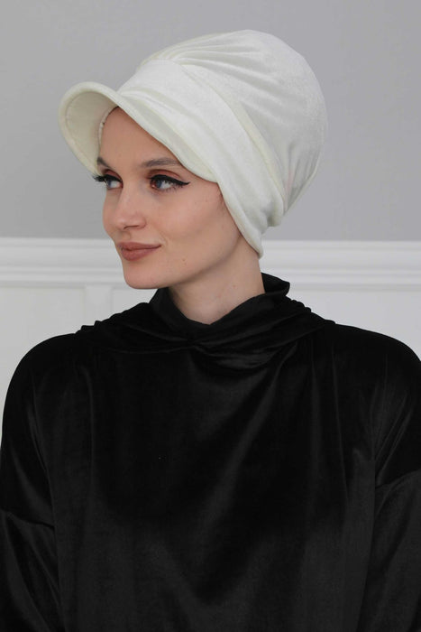 Super Soft Velvet Newsboy Visor Cap for Women, Elegant Comfortable Plain Turban Visor Cap for Daily Use, Chic Velvet Chemo Headwear,B-30K Ivory