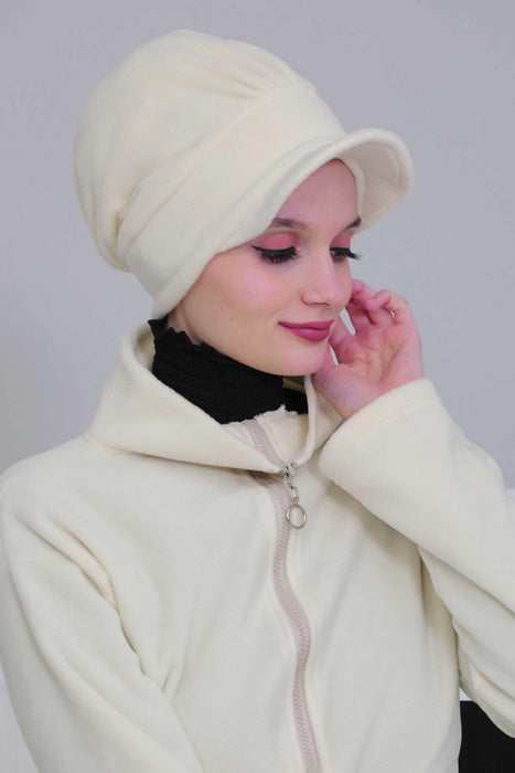 Comfortable Newsboy Visor Cap made from Soft Fleece Fabric, Stylish Women Visor Cap for Daily Occasions, Fleece Fabric Chemo Headwear,B-30P Ivory