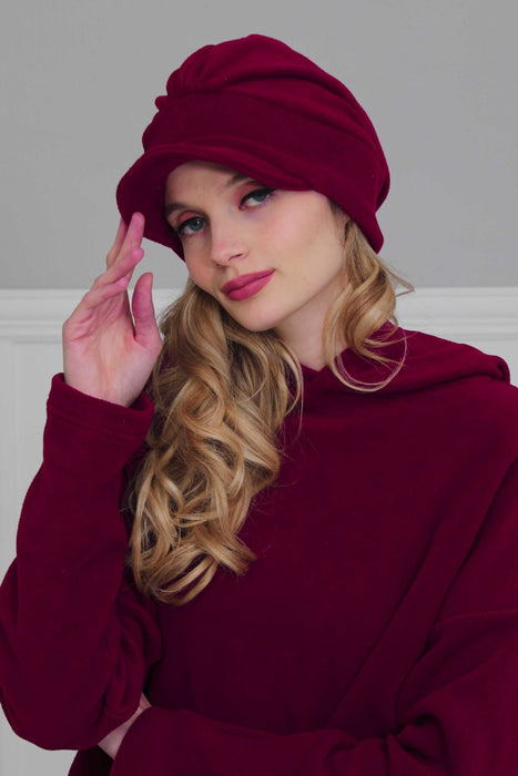 Comfortable Newsboy Visor Cap made from Soft Fleece Fabric, Stylish Women Visor Cap for Daily Occasions, Fleece Fabric Chemo Headwear,B-30P Maroon