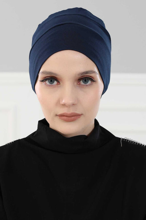 Tight Instant Turban Beanie Cap, Cotton Turban Beret for Women, Flexible and Tight Headwrap, Turban Head Covering for Cancer Patients,B-35 Navy Blue