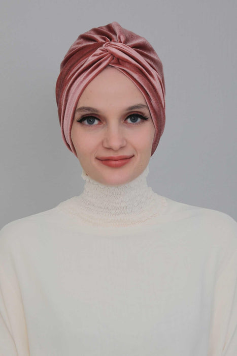 Velvet Maharajah-Style Instant Turban Hijab for Women, Elegant Pre-Tied Velvet Headwrap, Luxurious Lightweight Modest Hijab Headwear,B-4K Dusty Rose