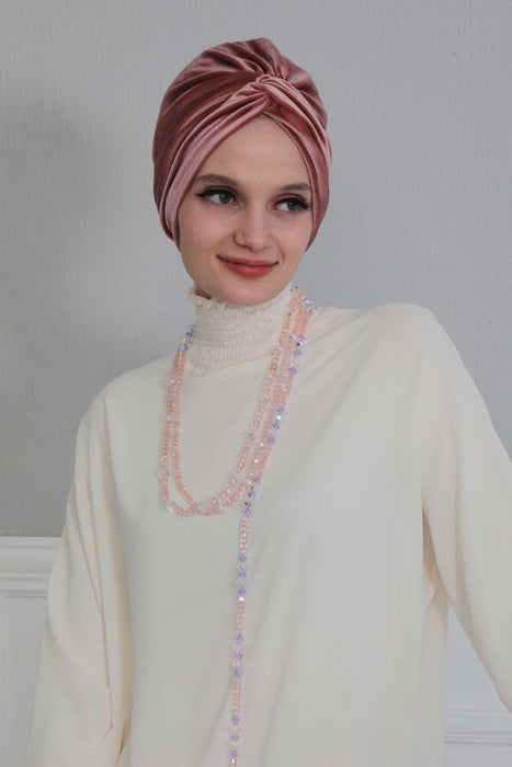 Velvet Maharajah-Style Instant Turban Hijab for Women, Elegant Pre-Tied Velvet Headwrap, Luxurious Lightweight Modest Hijab Headwear,B-4K Dusty Rose