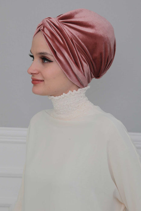 Velvet Maharajah-Style Instant Turban Hijab for Women, Elegant Pre-Tied Velvet Headwrap, Luxurious Lightweight Modest Hijab Headwear,B-4K Dusty Rose