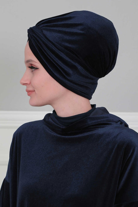 Velvet Maharajah-Style Instant Turban Hijab for Women, Elegant Pre-Tied Velvet Headwrap, Luxurious Lightweight Modest Hijab Headwear,B-4K Navy Blue